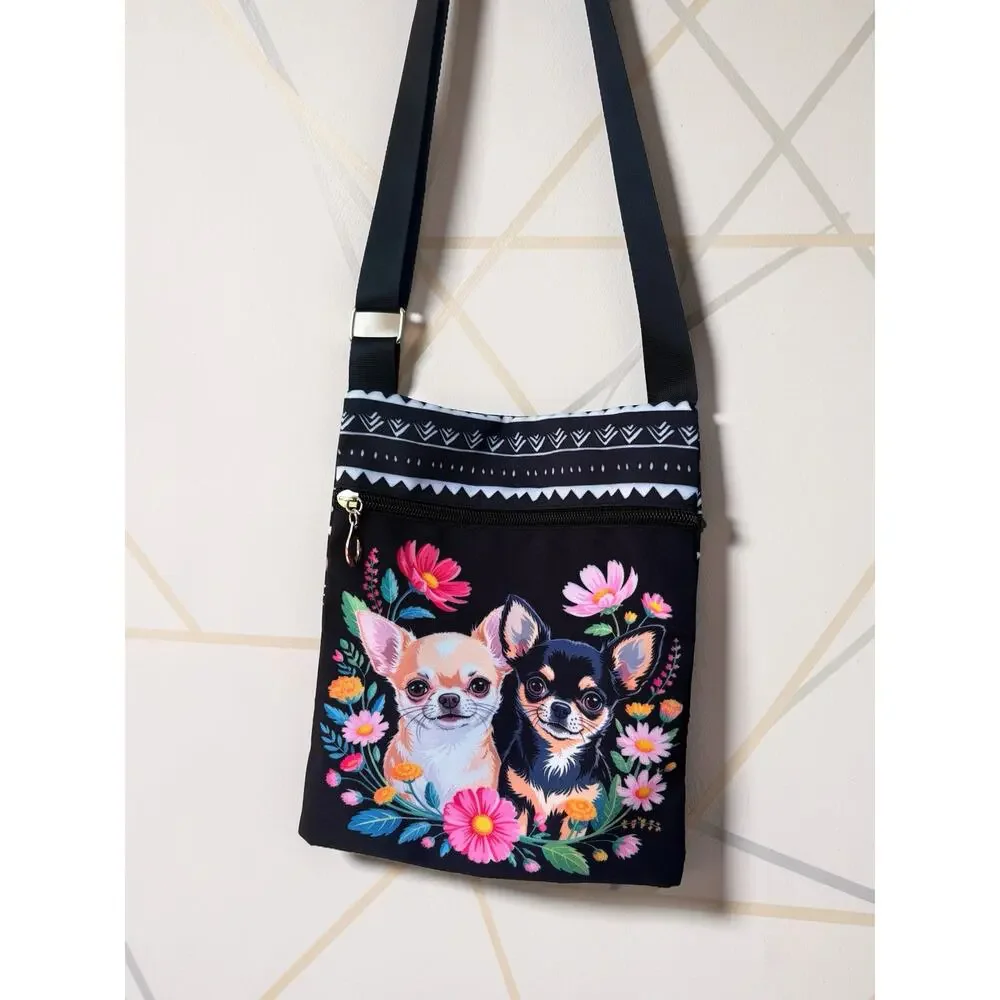 Chihuahua Crossbody Bag Black Floral Dog Purse Adjustable Strap Zipper Pocket